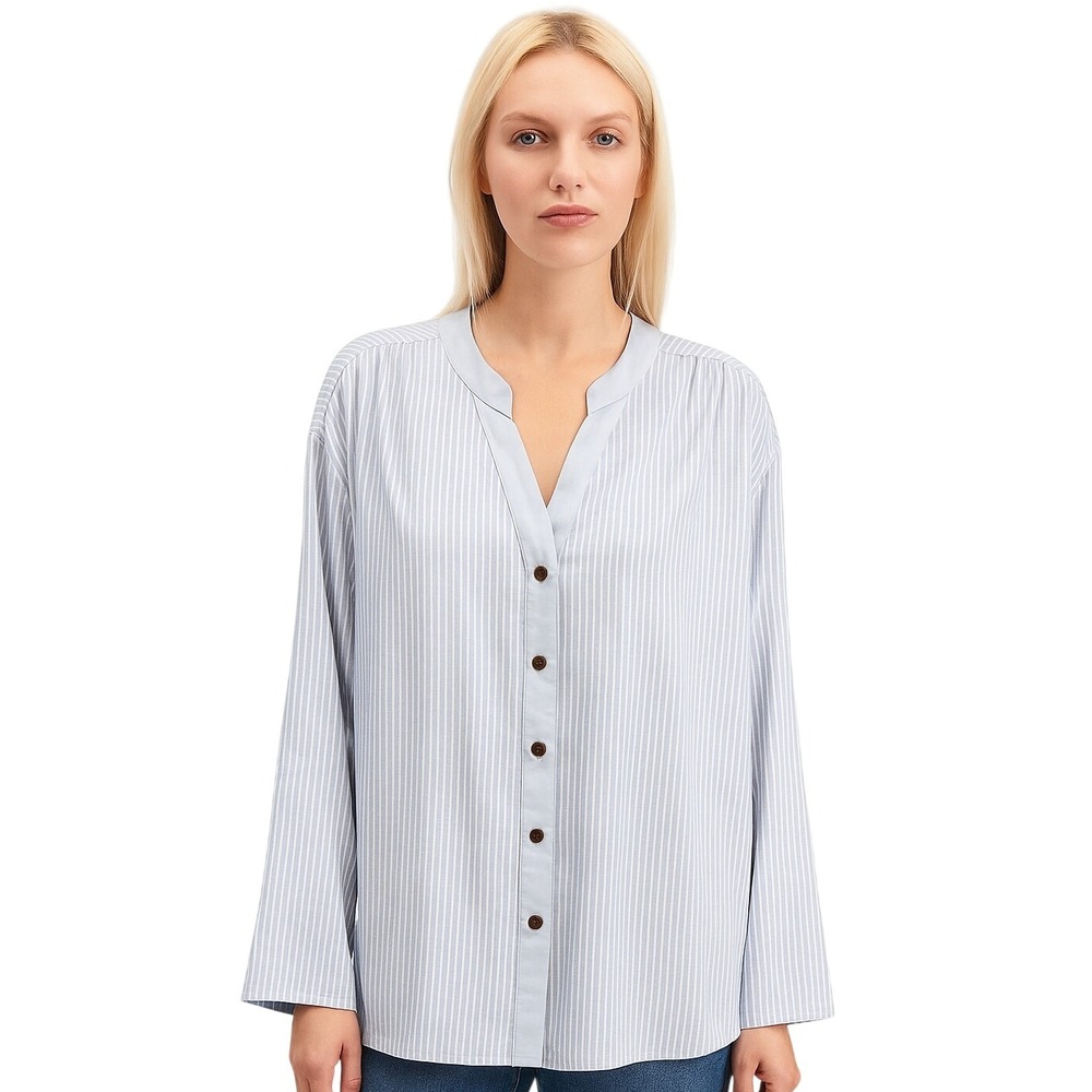 Zolucky Shirt Medium Blue White Striped V Neck Button‎ Long Sleeve Casual Chic